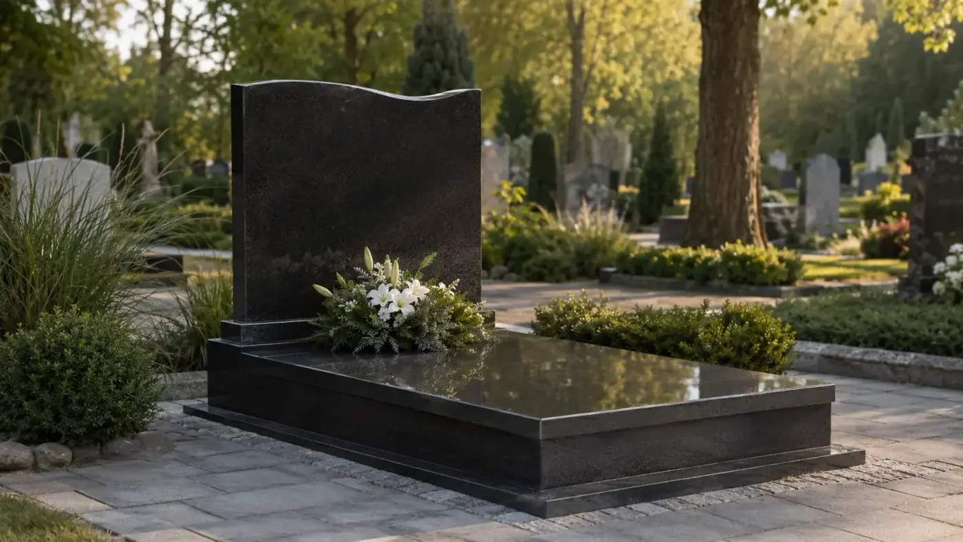 Nagrobek z ciemnego granitu z białymi liliami na cmentarzu