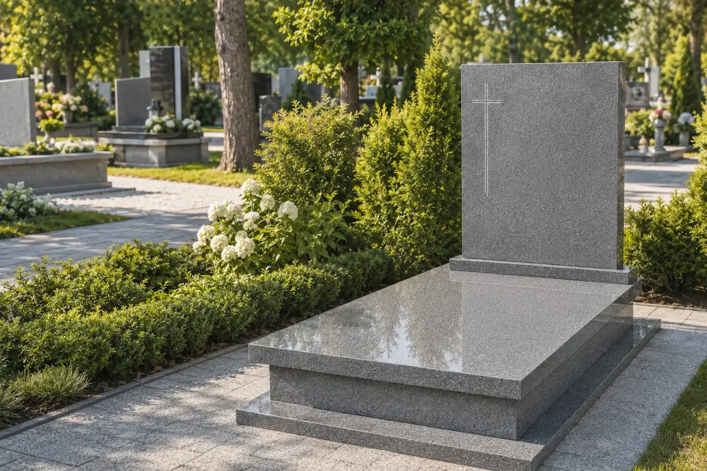 Pomnik nagrobny z szarego granitu z grawerowanym krzyżem na cmentarzu