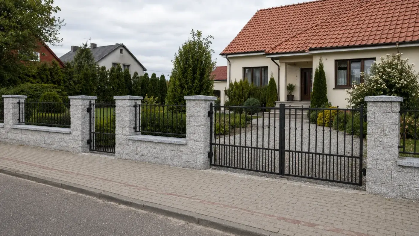 Ogrodzenie ze słupami i murkami z jasnego granitu oraz bramą