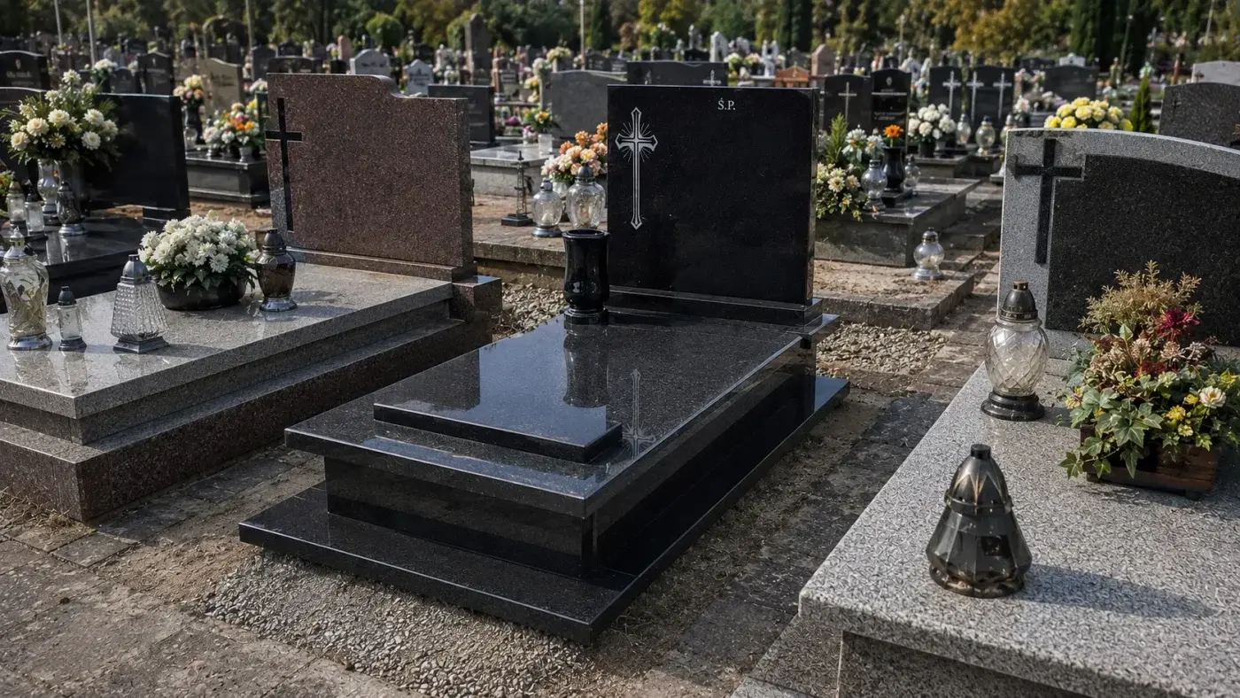 Nagrobek pojedynczy z czarnego granitu z grawerowanym krzyżem