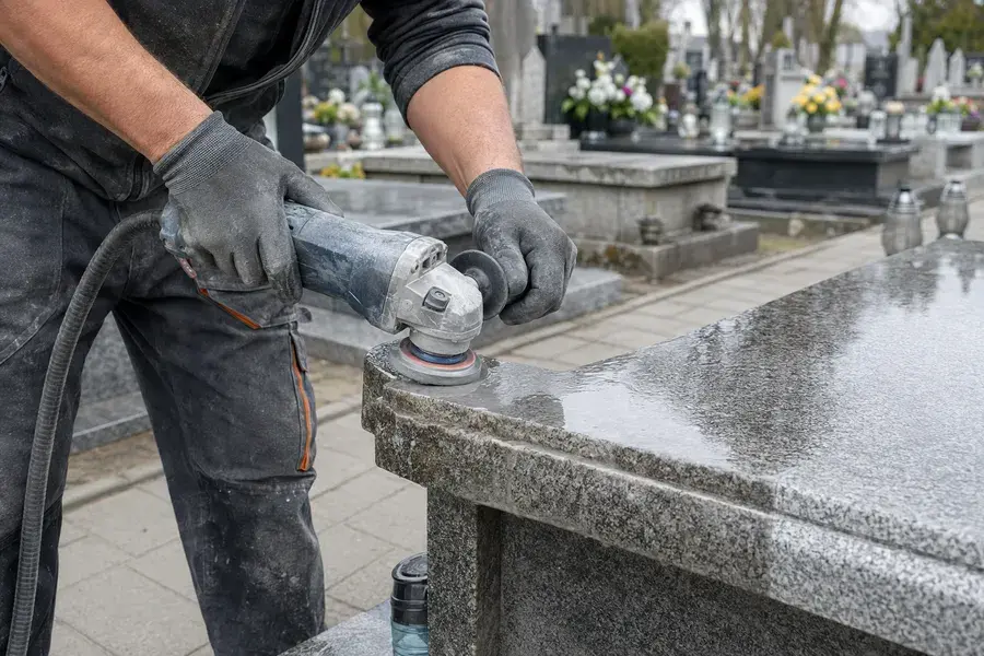 Kamieniarz LEMSTONE polerujący powierzchnię granitowego nagrobka podczas renowacji