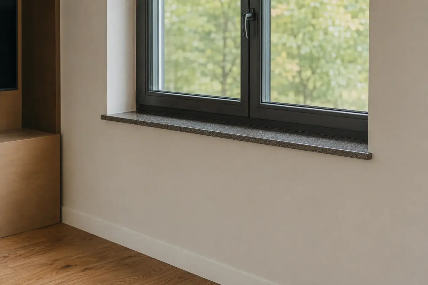 Kamienny parapet wewnętrzny z granitu przy oknie