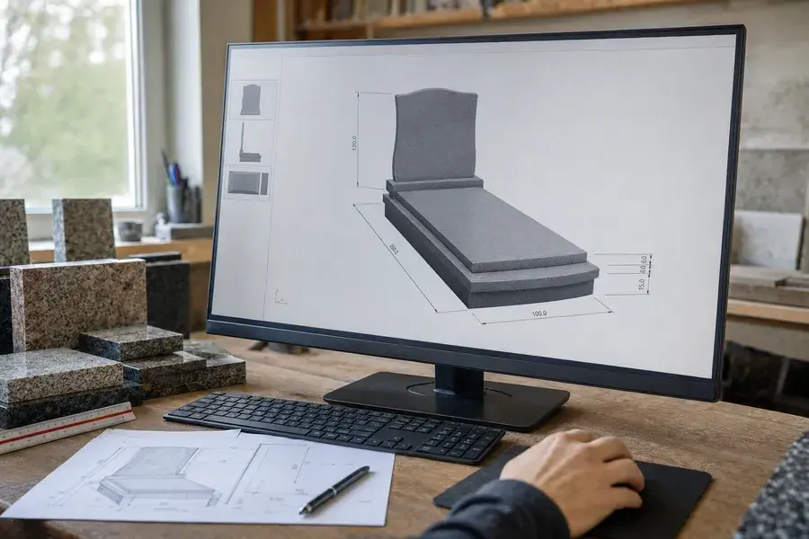 Projekt i wizualizacja 3D nagrobka — monitor z modelem
