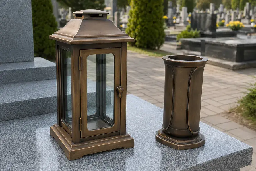 Galanteria nagrobna — lampion i wazon z brązu na granicie