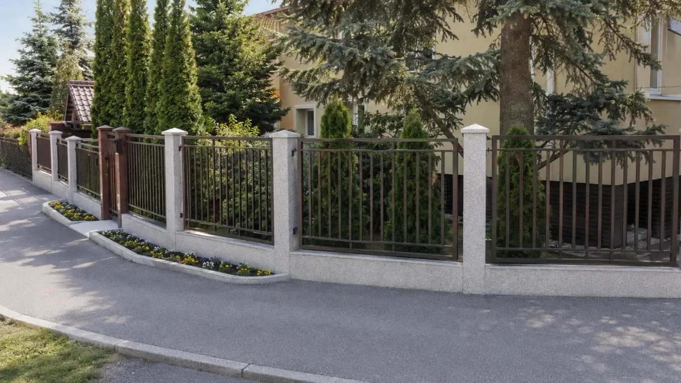 Ogrodzenie z murkami z szarego granitu i brązowymi przęsłami — realizacja LEMSTONE