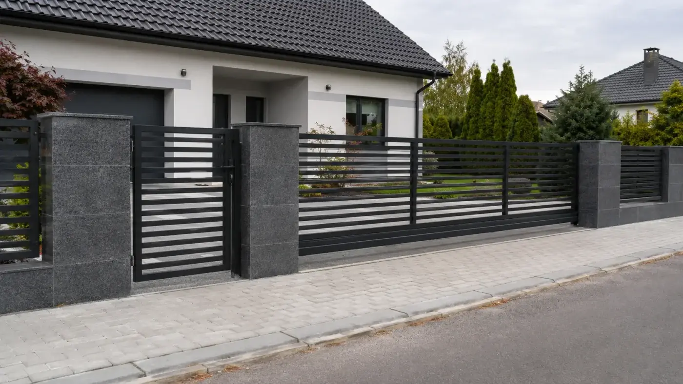 Nowoczesne ogrodzenie ze słupami z grafitowego granitu i bramą przesuwną — realizacja LEMSTONE