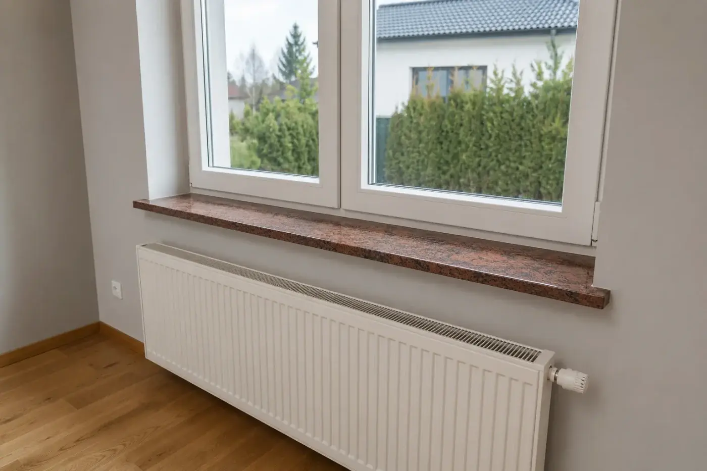 Parapet wewnętrzny z brązowego granitu nad grzejnikiem — realizacja LEMSTONE