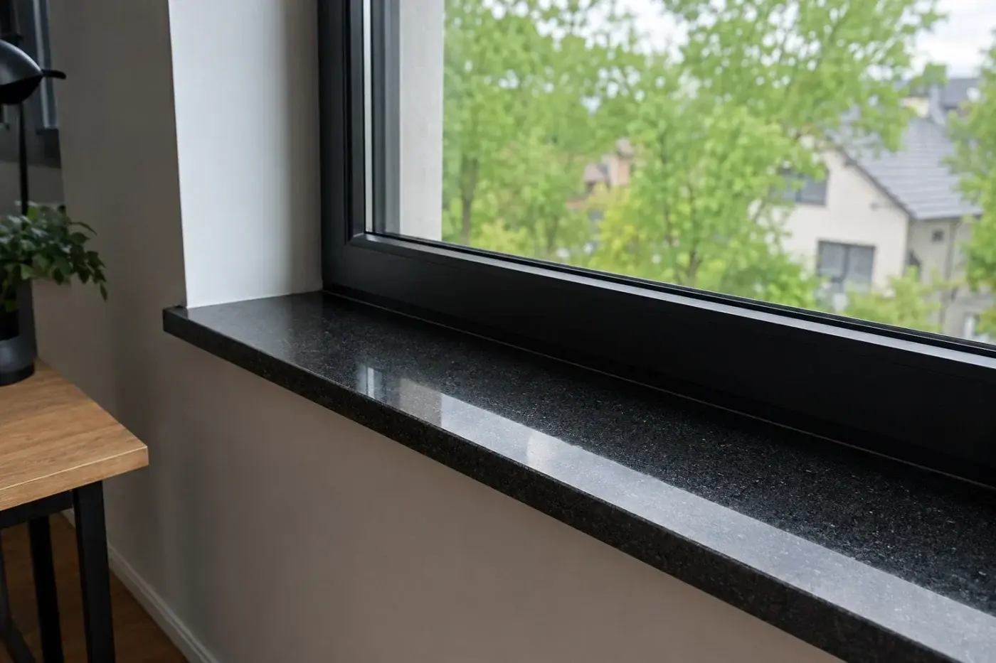 Parapet wewnętrzny z czarnego granitu przy oknie z ciemną ramą — realizacja LEMSTONE