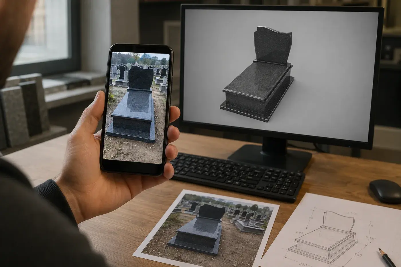 Telefon ze zdjęciem nagrobka na cmentarzu obok monitora z projektem 3D tego samego nagrobka