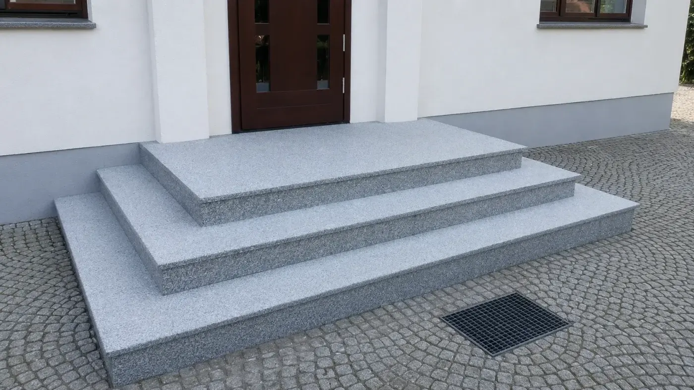Schody zewnętrzne z jasnego granitu na kostce brukowej przed wejściem — realizacja LEMSTONE